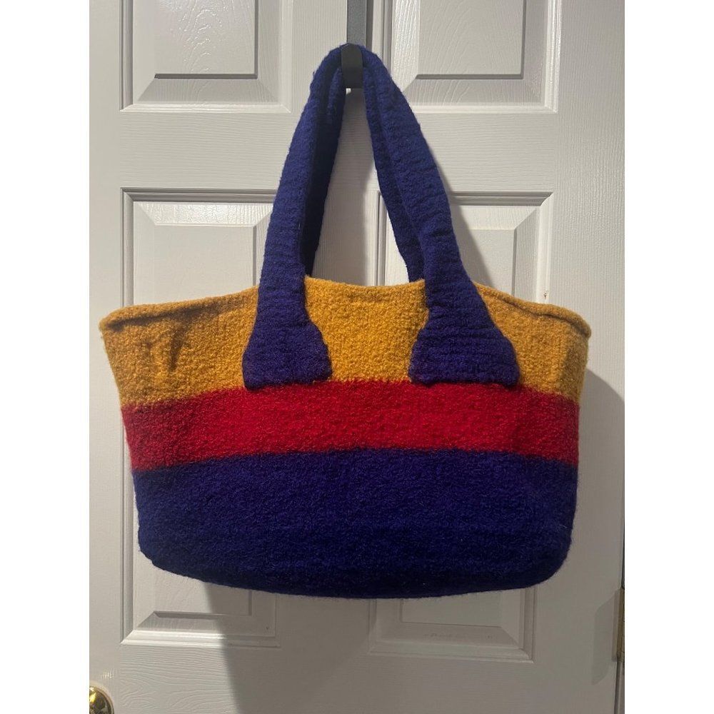 Handmade Large Multicolor Felted Tote Bag Blue Yellow Red